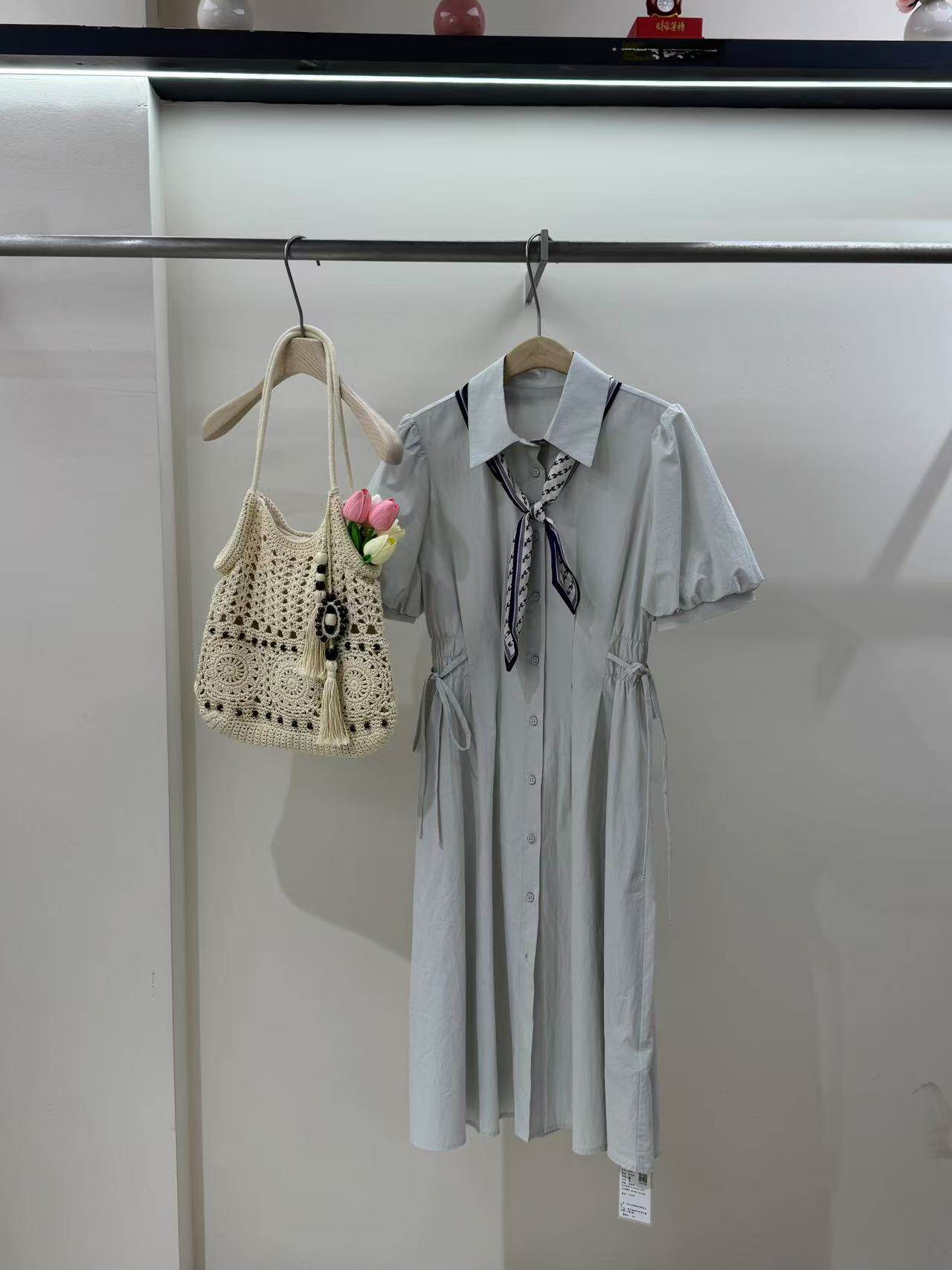 2025年新款韩版时尚气质百搭显瘦短袖连衣裙女收腰显瘦衬衫裙子潮