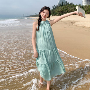 2C177 D53 P115 K178海边度假挂脖露肩连衣裙女宽松高级感夏季