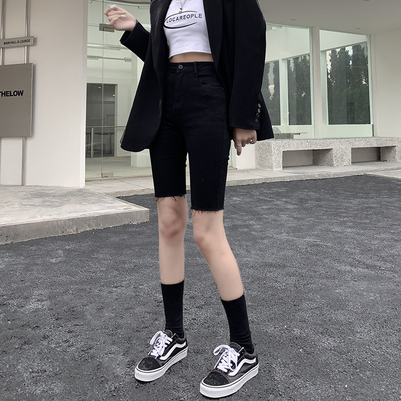 黑色高腰五分牛仔裤女夏天2023年新款紧身短裤显瘦骑行中裤子夏季