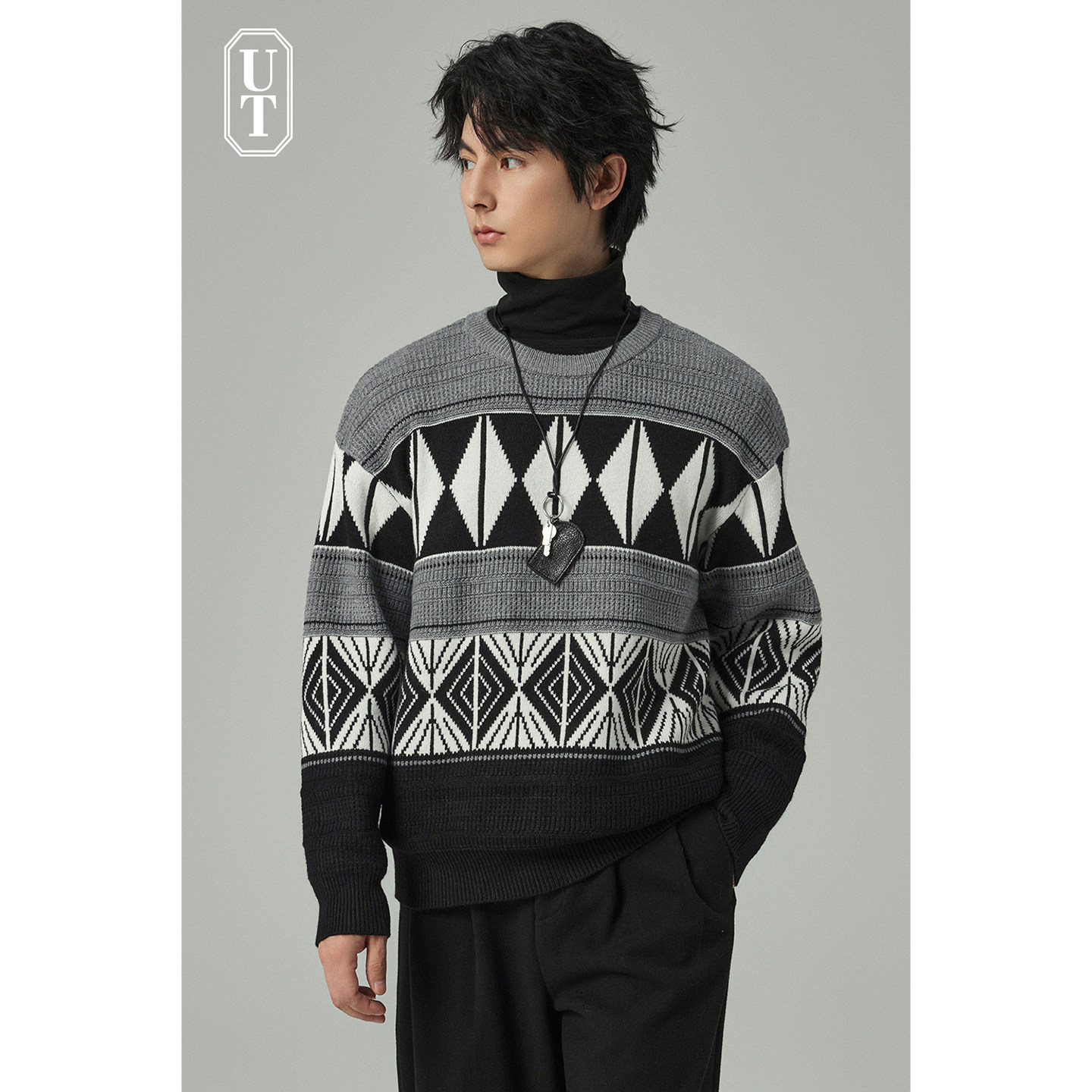 高级感色纺纤绒纱圆领针织衫男老钱风复古休闲加厚毛衣内搭款冬季