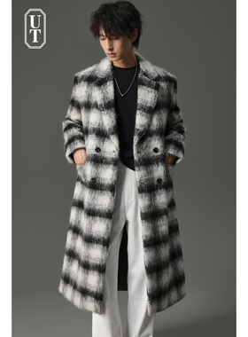 高级感水波纹羊毛呢格子大衣男士中长款加厚长毛宽松外套冬季风衣