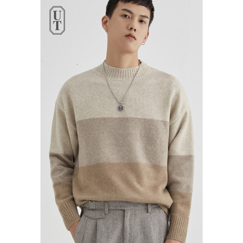 冬季加厚毛衣男条纹半中高圆领