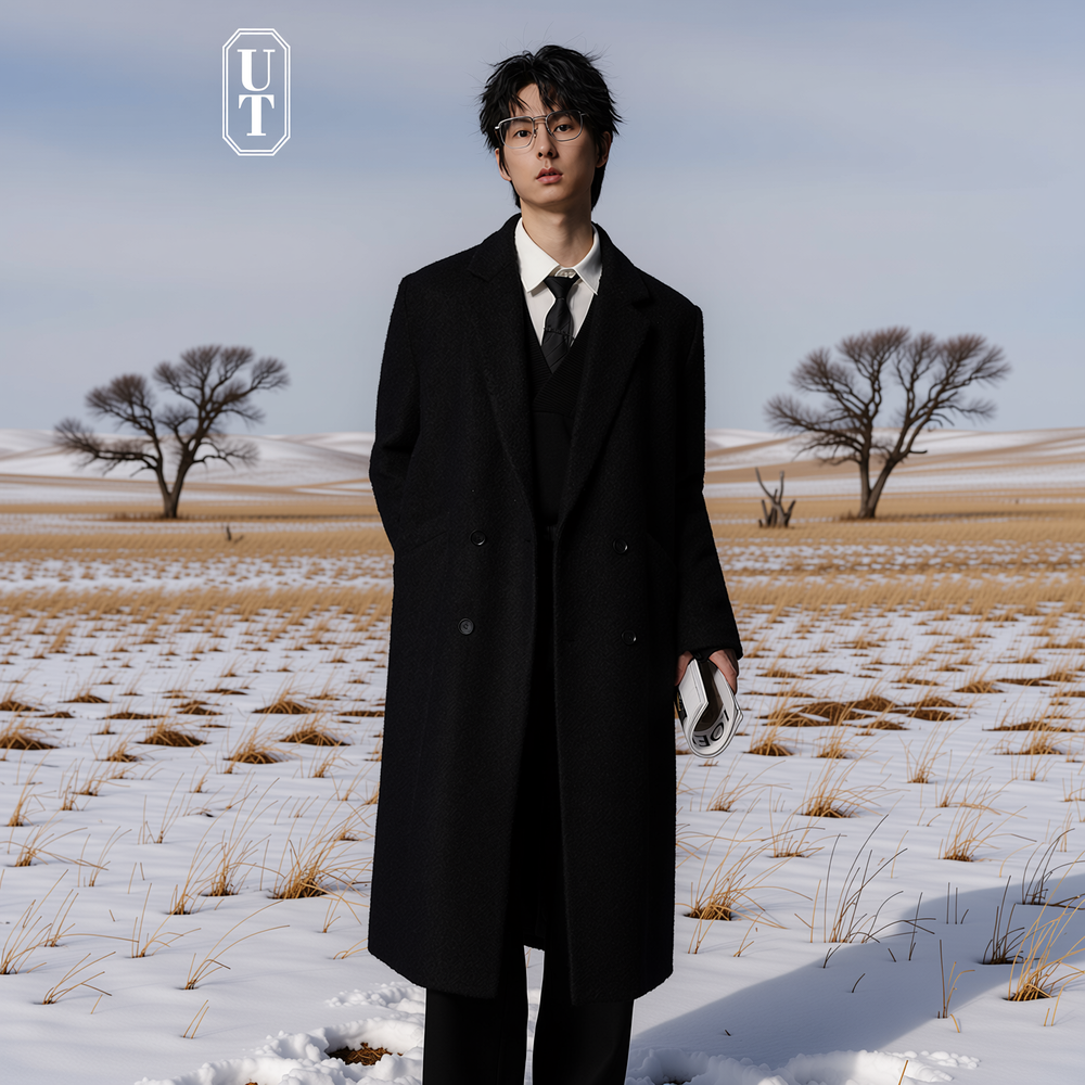 中长款双色羊毛垫肩加厚大衣男过膝长款呢子外套双排扣加仿丝棉