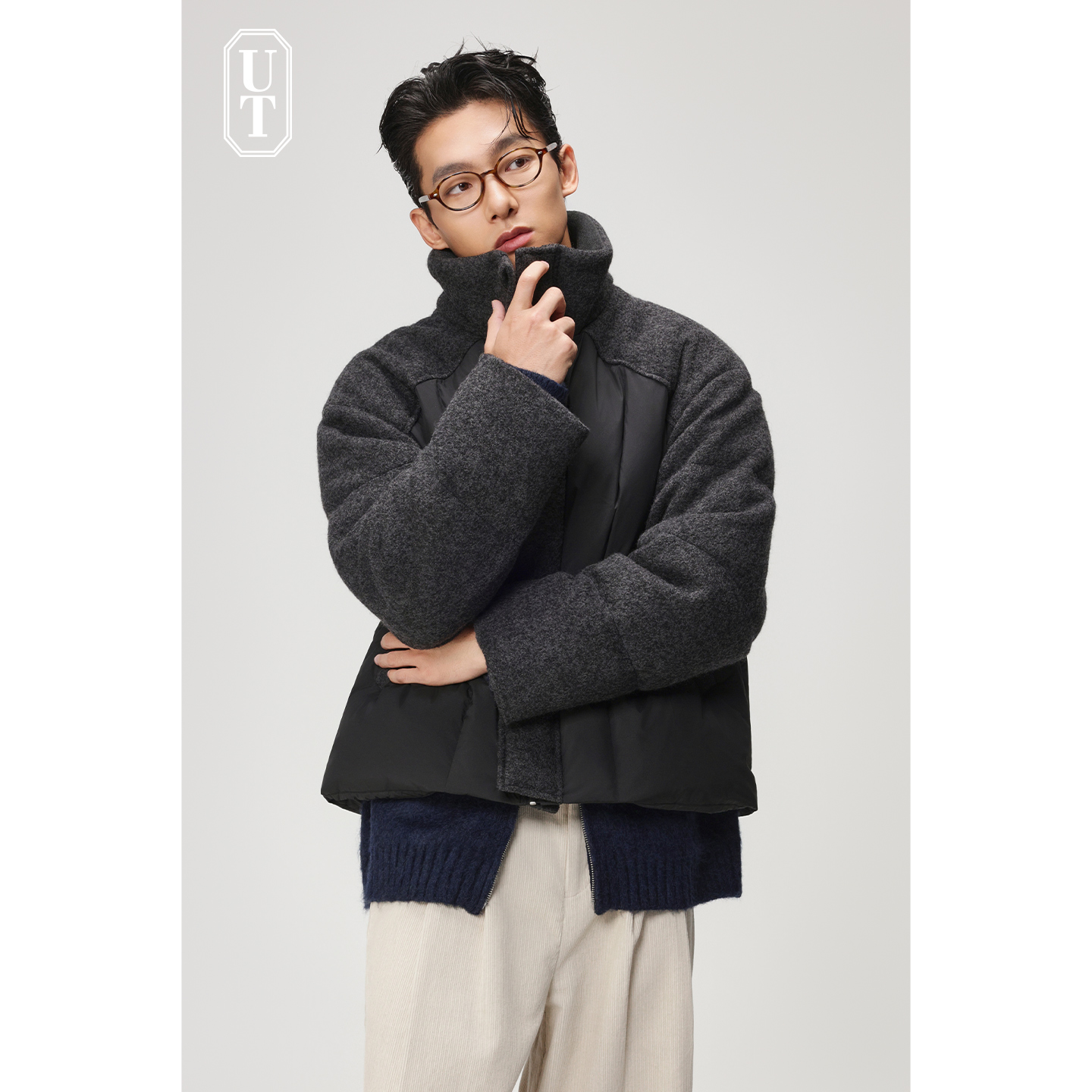 高级感拼接羽绒服男士短款混纺羊毛呢外套90白鸭绒加厚面包服冬季