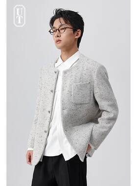 设计感无领休闲西装外套羊毛呢休闲西服男士春季厚款高级妮子便西