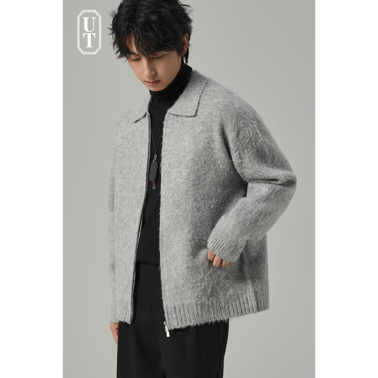 简约重磅仿牛绒针织开衫男轻奢老钱风复古休闲加厚毛衣外套拉链