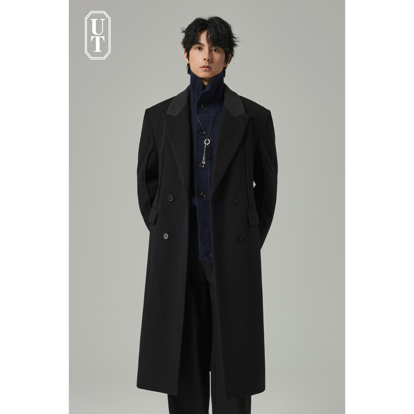 双排扣拼接毛呢大衣男中长款过膝帅气夹棉外衣带垫肩加厚保暖外套