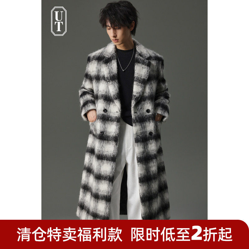 高级感水波纹羊毛呢格子大衣男士中长款加厚长毛宽松外套冬季风衣
