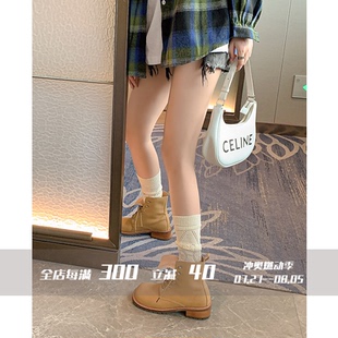 牛皮版~2024新款真皮英伦风粗跟系带小短靴子炸街马丁靴女大黄靴