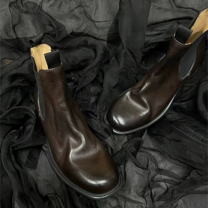 切尔西靴真皮复古做旧褶皱短靴