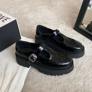 小皮鞋女复古松糕厚底真皮玛丽珍鞋鳄鱼纹镂空一字扣带单鞋乐福鞋