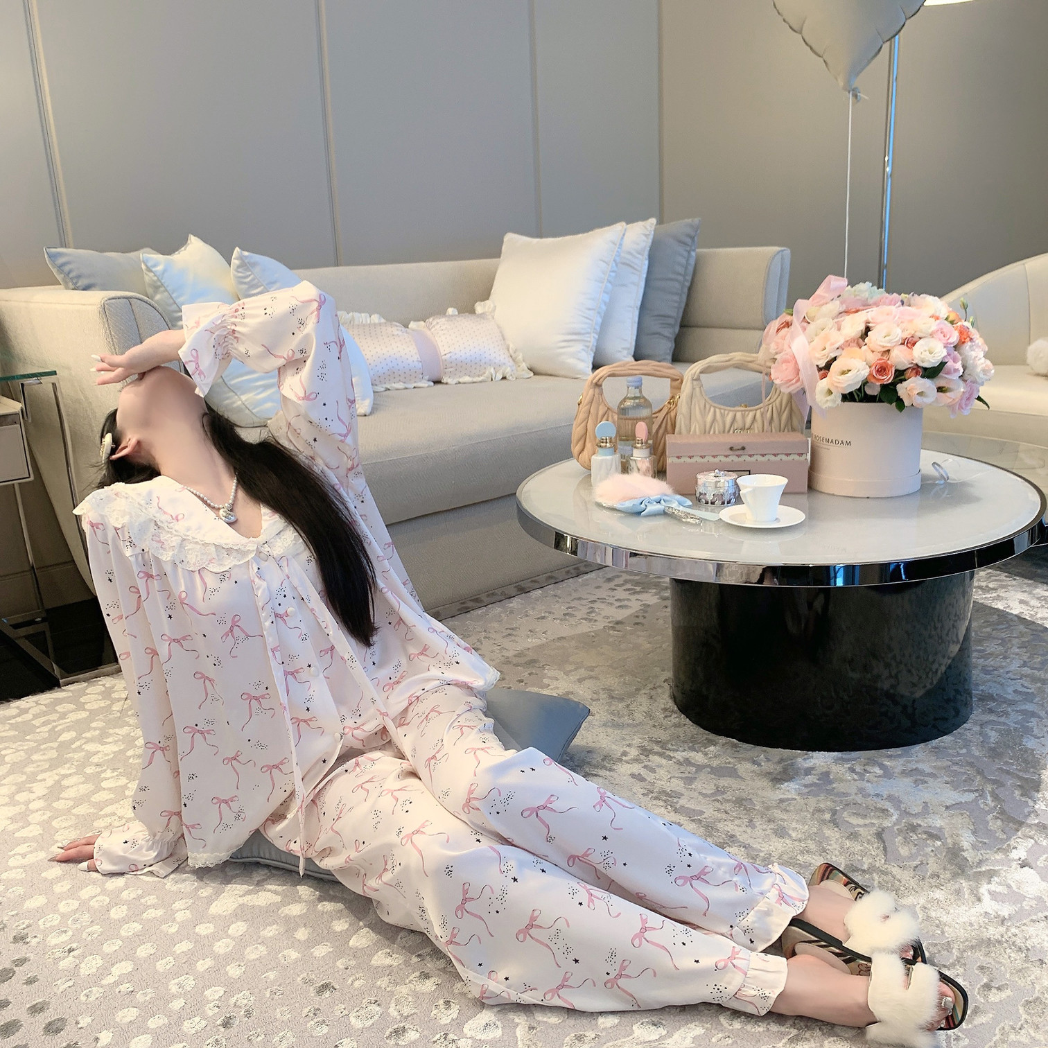 捞捞酱「露丝日记」日系甜美少女纯欲冰丝家居服睡衣秋蕾丝蝴蝶结