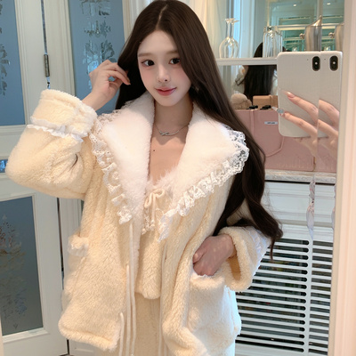 捞捞酱「香阀千金」双面绒睡衣女2025新款加绒加厚冬季纯欲三件套