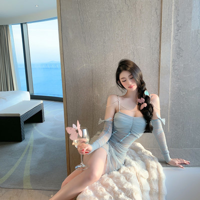 LaoLao酱「冰蓝人鱼裙」纯欲性感网纱吊带睡裙珍珠私房显瘦约会裙