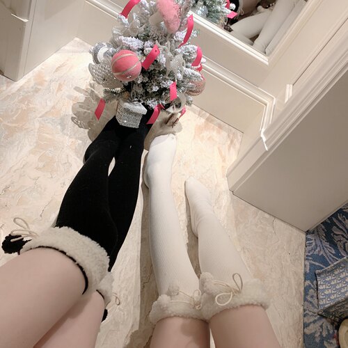 过膝小腿袜毛球日系少女冬季