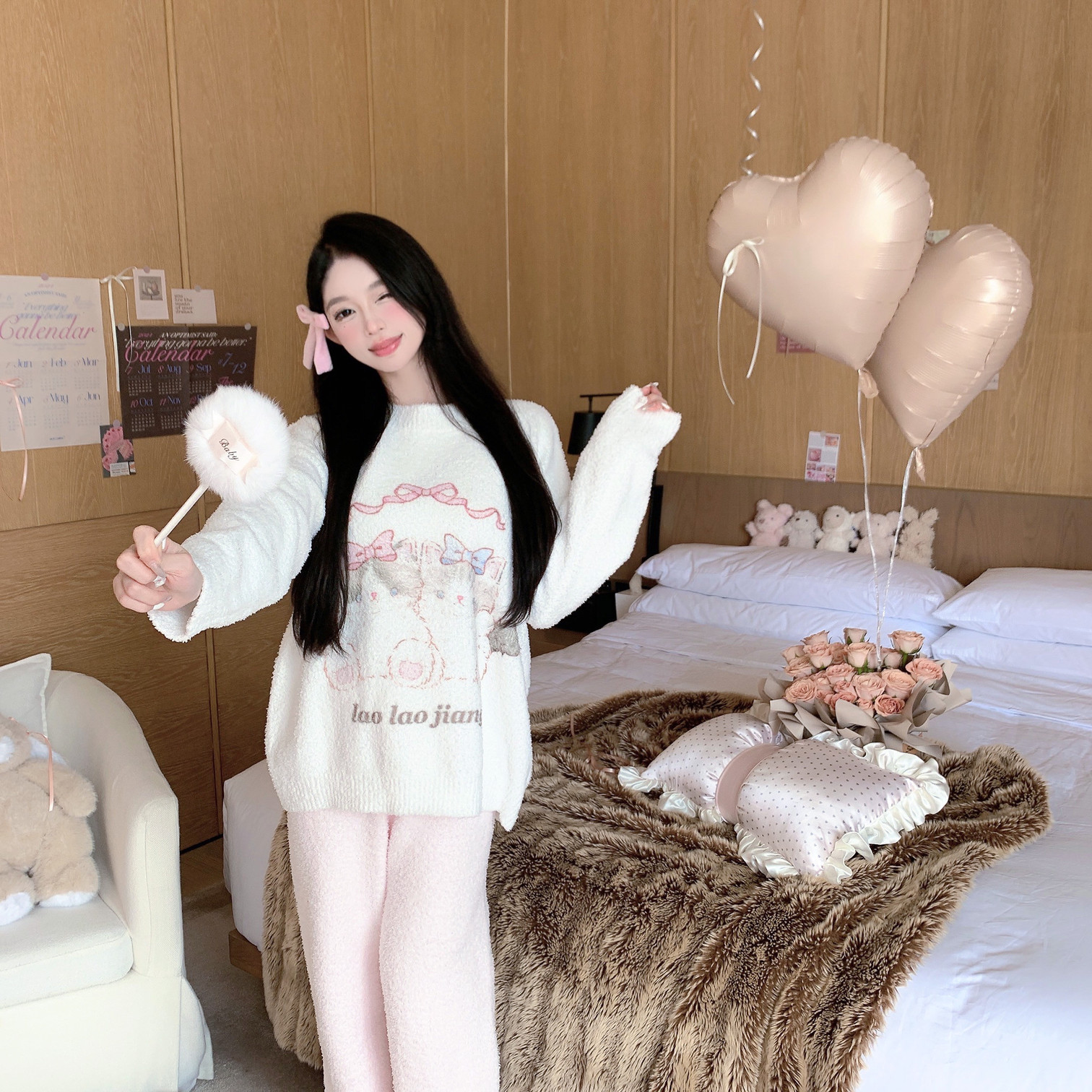 捞捞酱「棉花糖哈基米」原创睡衣女秋冬款加厚半边绒家居服秋冬季