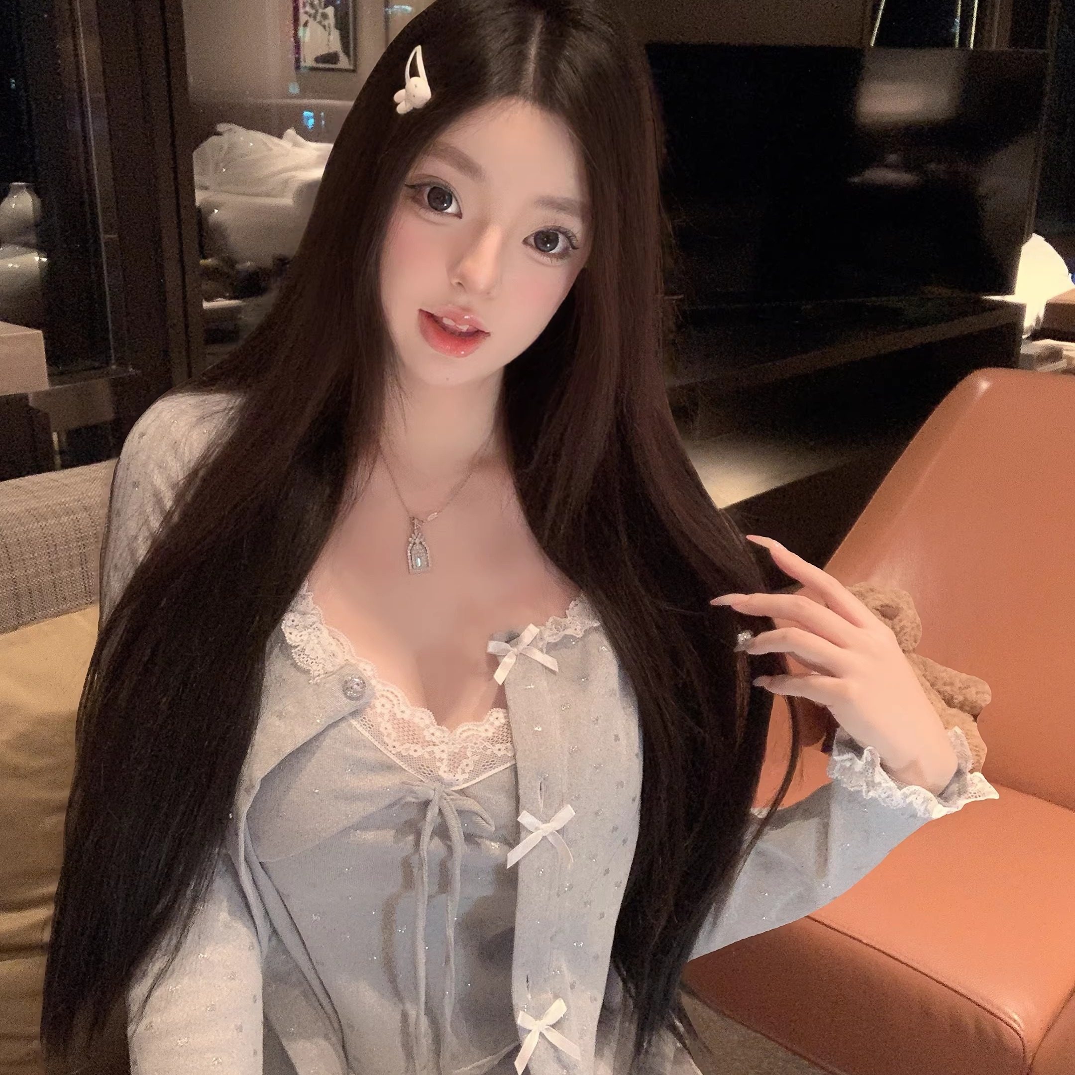 「嗲嗲蕾丝」睡衣女莫代尔纯欲风2025新款秋冬季性感家居服三件套