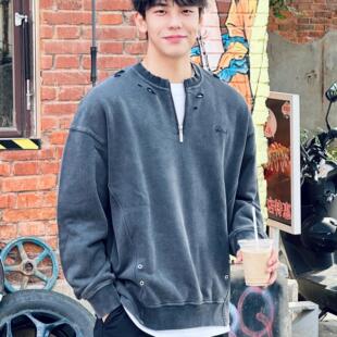 TAJN做旧潮牌美式复古逃离光复南半拉链重磅卫衣oversize宽松水洗