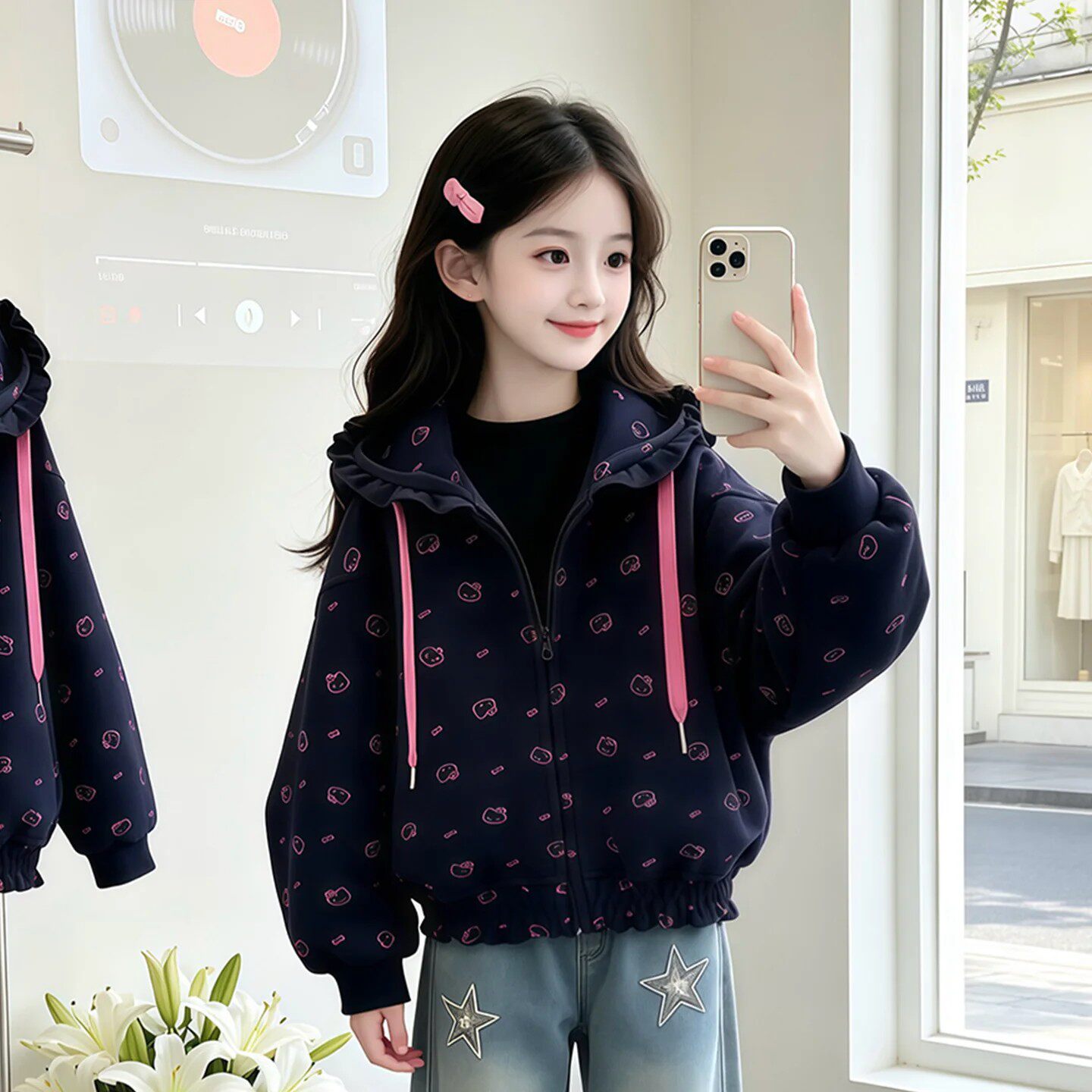 加绒秋冬季女童洋气连帽卫衣外套