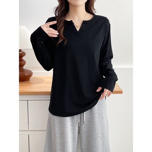 翠袖大码女装2026春秋新款胖mmV领巨显瘦长袖T恤女士宽松纯色上衣