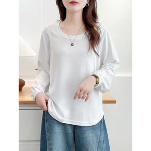 大码 女2026新款 女装 T恤打底衫 宽松内搭上衣 白色纯棉正肩长袖 翠袖