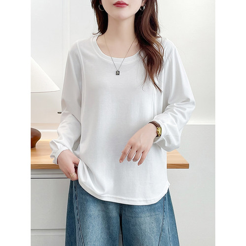 翠袖大码女装白色纯棉正肩长袖T恤打底衫女2026新款宽松内搭上衣