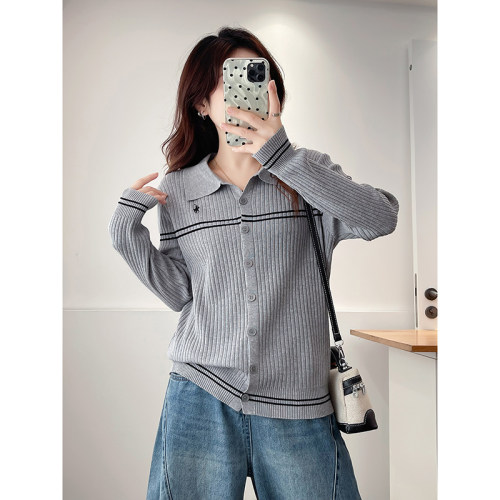 大码女装韩系POLO领针织开衫女2026春新款百搭学院风显瘦毛衣外套