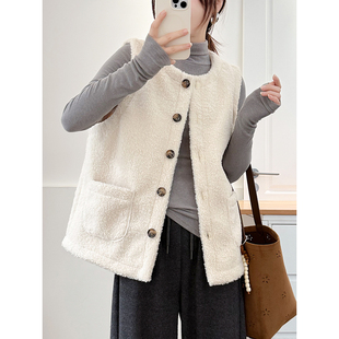 皮毛一体羊羔毛马甲外套女秋冬新款 翠袖 韩版 女装 宽松百搭背心 大码