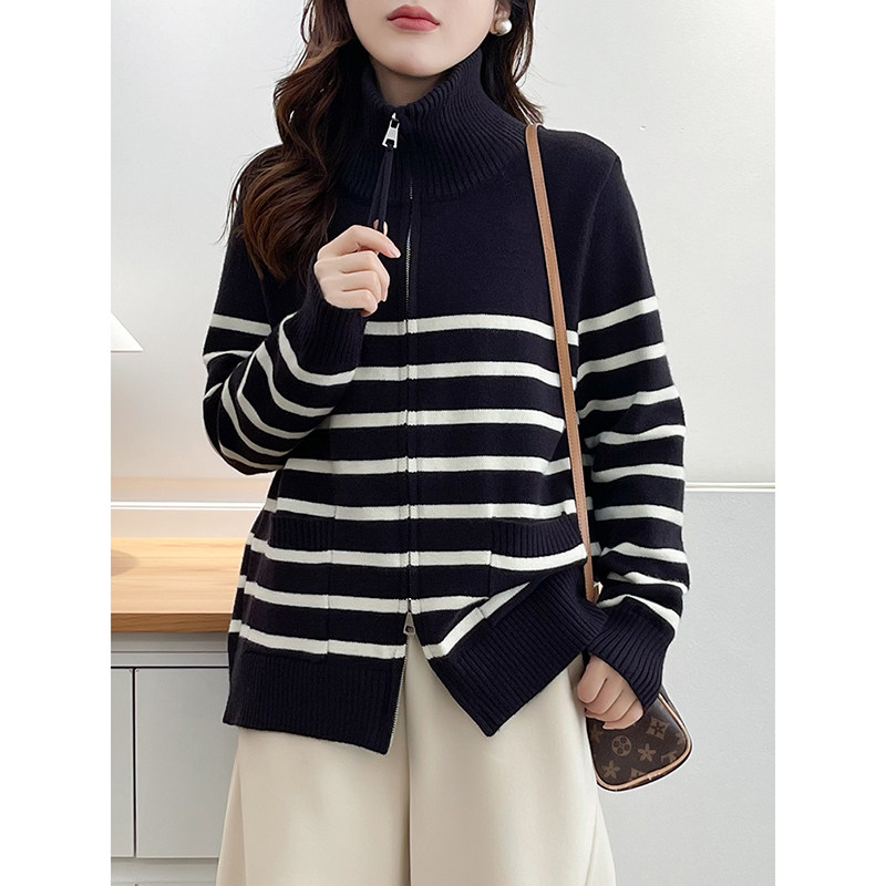 翠袖大码女装双拉链立领条纹针织开衫女冬季毛衣外套百搭显瘦上衣,女装/女士精品,毛衣,淘宝优惠券,粉丝福利购,淘宝优惠卷