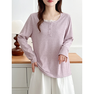 胖mm蕾丝花边条纹长袖 法式 T恤打底衫 女装 超好看上衣 翠袖 秋季 大码