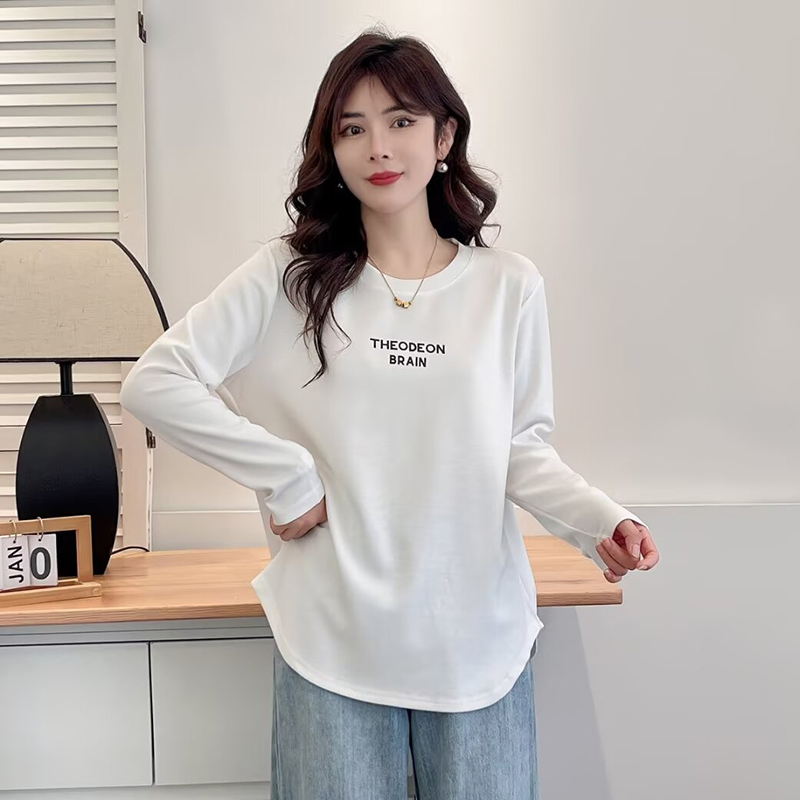 大码女装200斤胖mm圆领长袖T恤女早秋季新款宽松百搭打底衫上衣潮