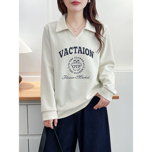 宽松显瘦别致上衣 胖mm设计感Polo领印花卫衣女2026春秋季 大码 女装