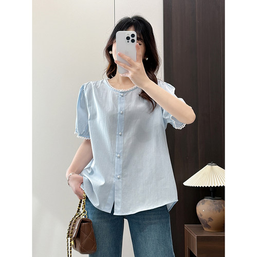 翠袖大码女装胖mm圆领蕾丝拼接条纹短袖衬衫2025夏季新款气质上衣