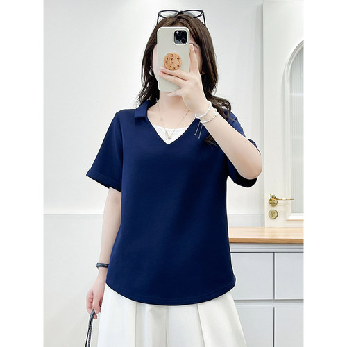 翠袖大码女装胖mm翻领假两件短袖T恤夏季宽松显瘦百搭设计感上衣