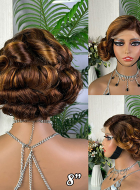 5*5 bouncy彩色短发渐变前蕾丝真发头套高光pixie curl lace wigs