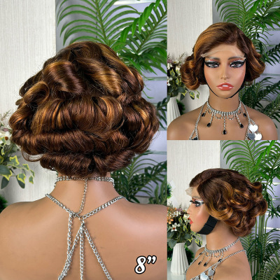 5*5 bouncy彩色短发渐变前蕾丝真发头套高光pixie curl lace wigs