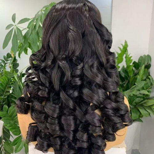 热销真人发头套5X5 Closure Double Drawn Bouncy Curly Hair Wig