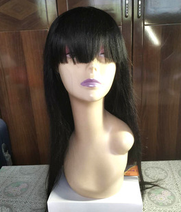 新款!真人发齐刘海波波全头套式假发 网红模特道具长直发女 黑色