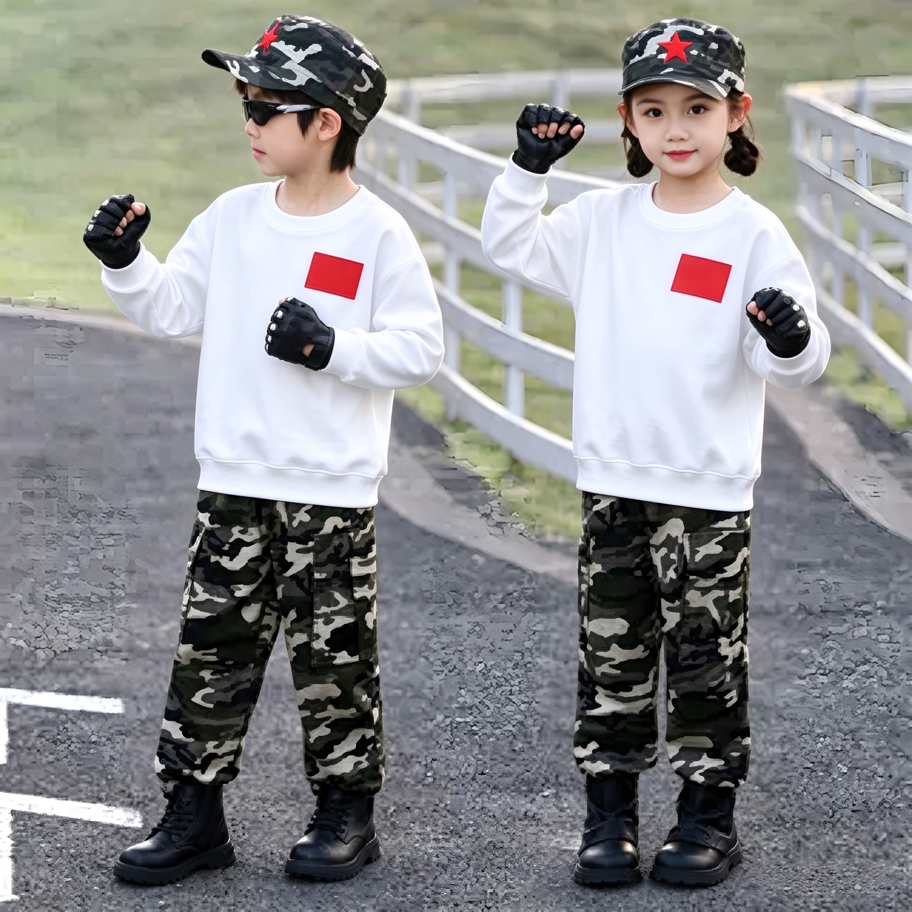 新款儿童迷彩服套装男女童表演服小学生军训服运动会演出服纯棉