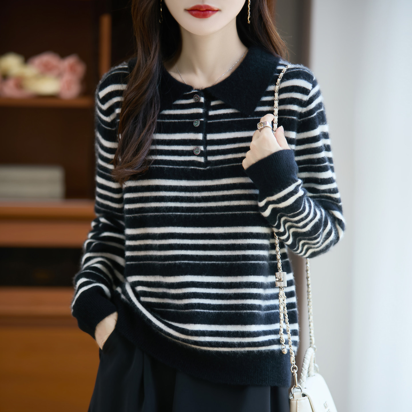 翻领拼色条纹%纯羊毛针织衫女秋冬内搭时尚毛衣韩版长袖打底衫