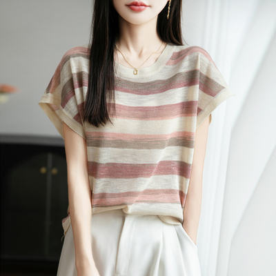 2025夏渐层色撞色条纹短袖针织T恤女轻薄冰丝1/4吋套筒扳手袖休闲