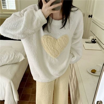 加肥加大码珊瑚绒睡衣套装女秋冬季甜美爱心保暖加厚可外穿家居服