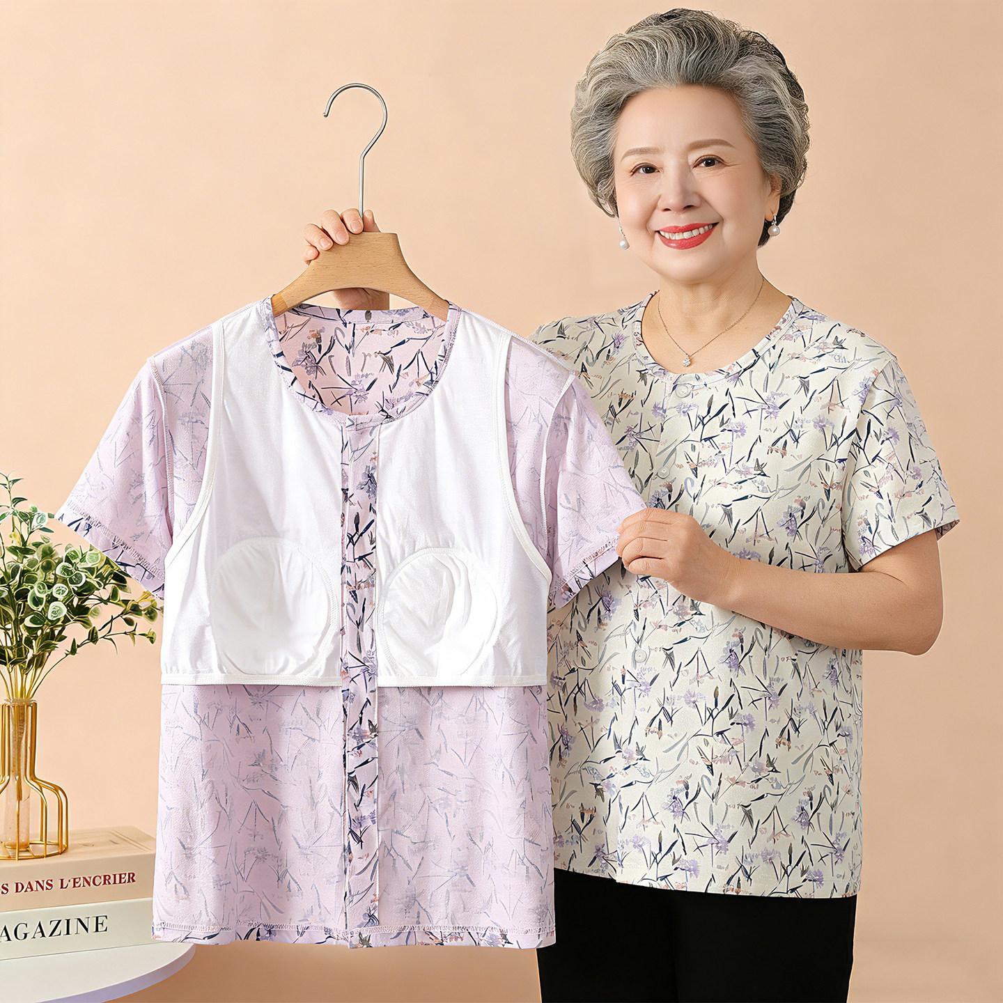 中老年妈妈夏季短袖开衫纯棉带胸垫家居服奶奶防凸点上衣可外穿