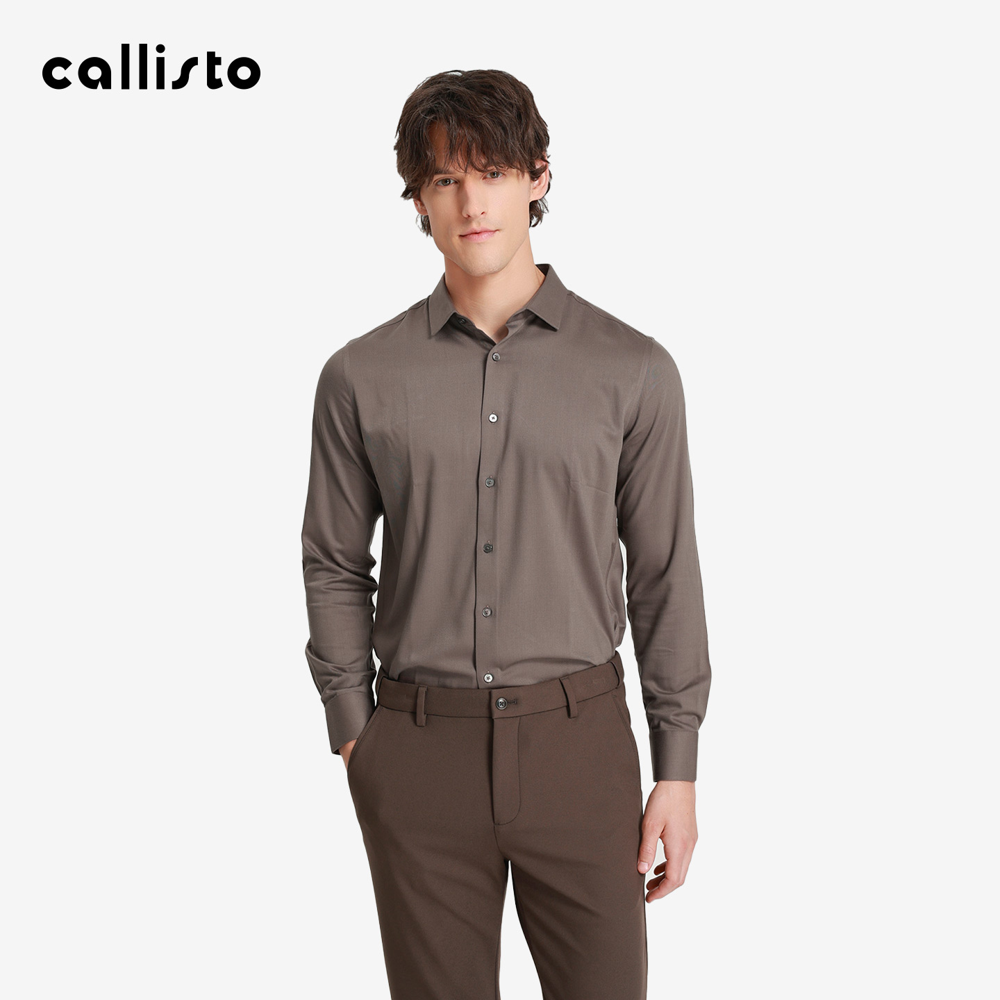 【柔滑羊毛衬衣】callisto2025秋冬新款男士长袖纯色翻领休闲衬衫