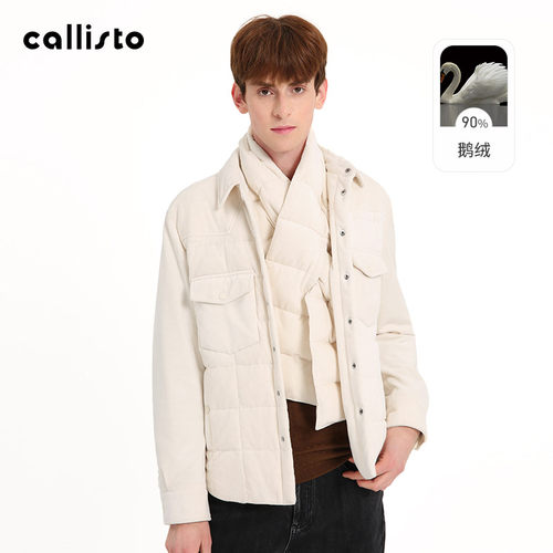callisto男装冬新品男士翻领鹅绒单排扣时尚口袋休闲羽绒服