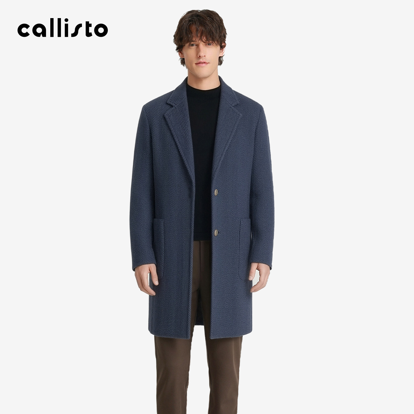 【灰调长存蓝】callisto卡利斯特春秋男士中长款翻领斜纹羊毛风衣