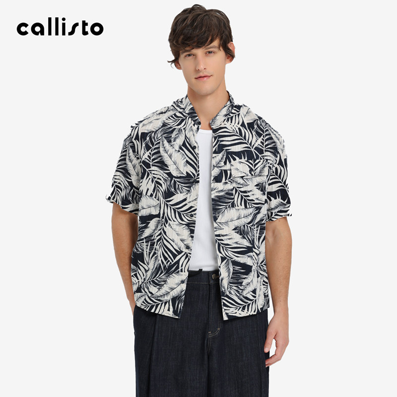 【亚麻100%】callisto春夏新品男士短袖印花纯麻时尚立领衬衫