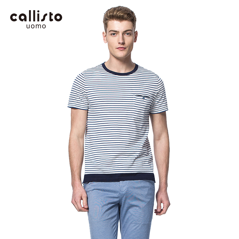 CALLISTO卡利斯特春夏纯棉圆领套头条纹短袖T恤男装SKTSS026DB