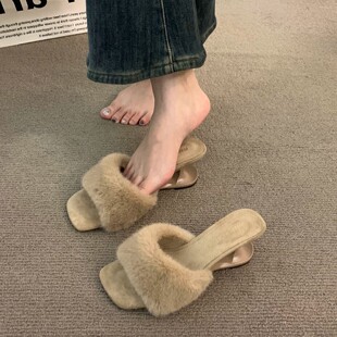 羊皮兔毛小众坡跟气质毛毛拖鞋女冬外穿高跟毛毛鞋配裙子凉拖凉鞋