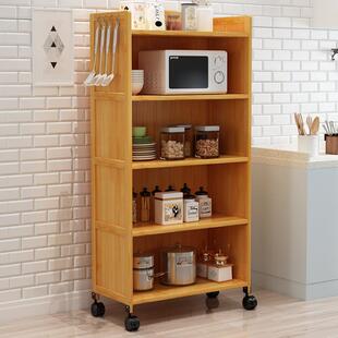 厨房背板置物架楠竹可移动滑轮多层落地收纳架微波炉烤箱储物架子